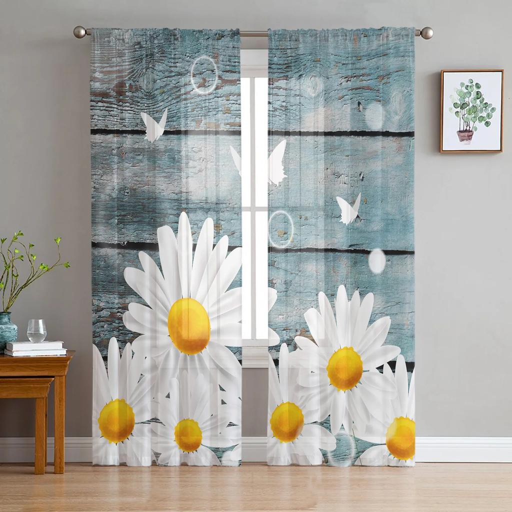 Daisy Retro Wood Grain Butterfly Sheer Curtains for Living Room Decoration Window Curtain Kitchen Tulle Voile Organza Drapes