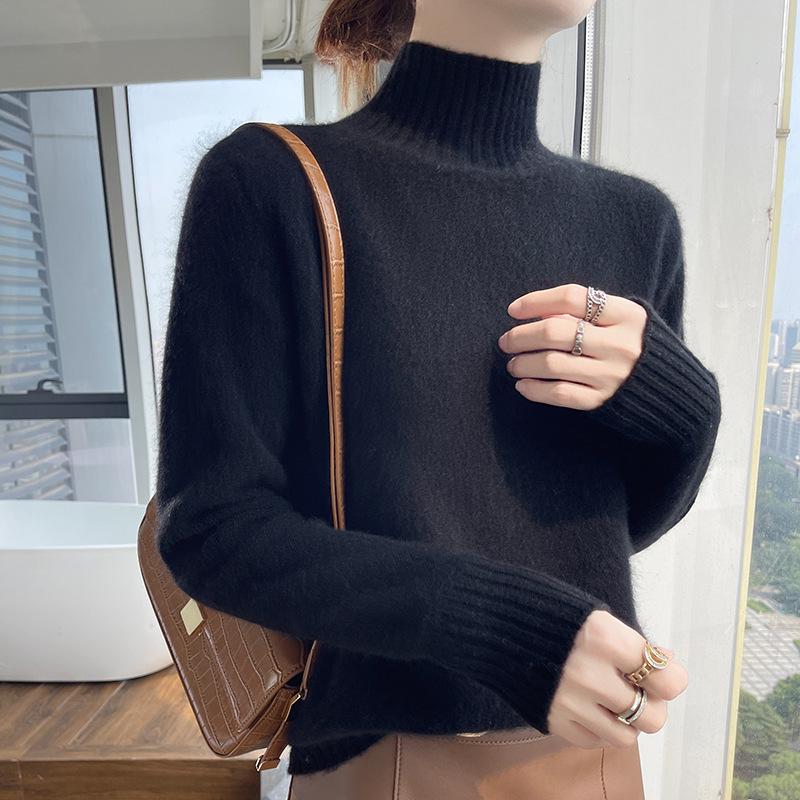 Women's Autumn/Winter Wool Sweater, Half High Neck, Loose Fit, Knit Base Layer, Seven Gauge, Thickened