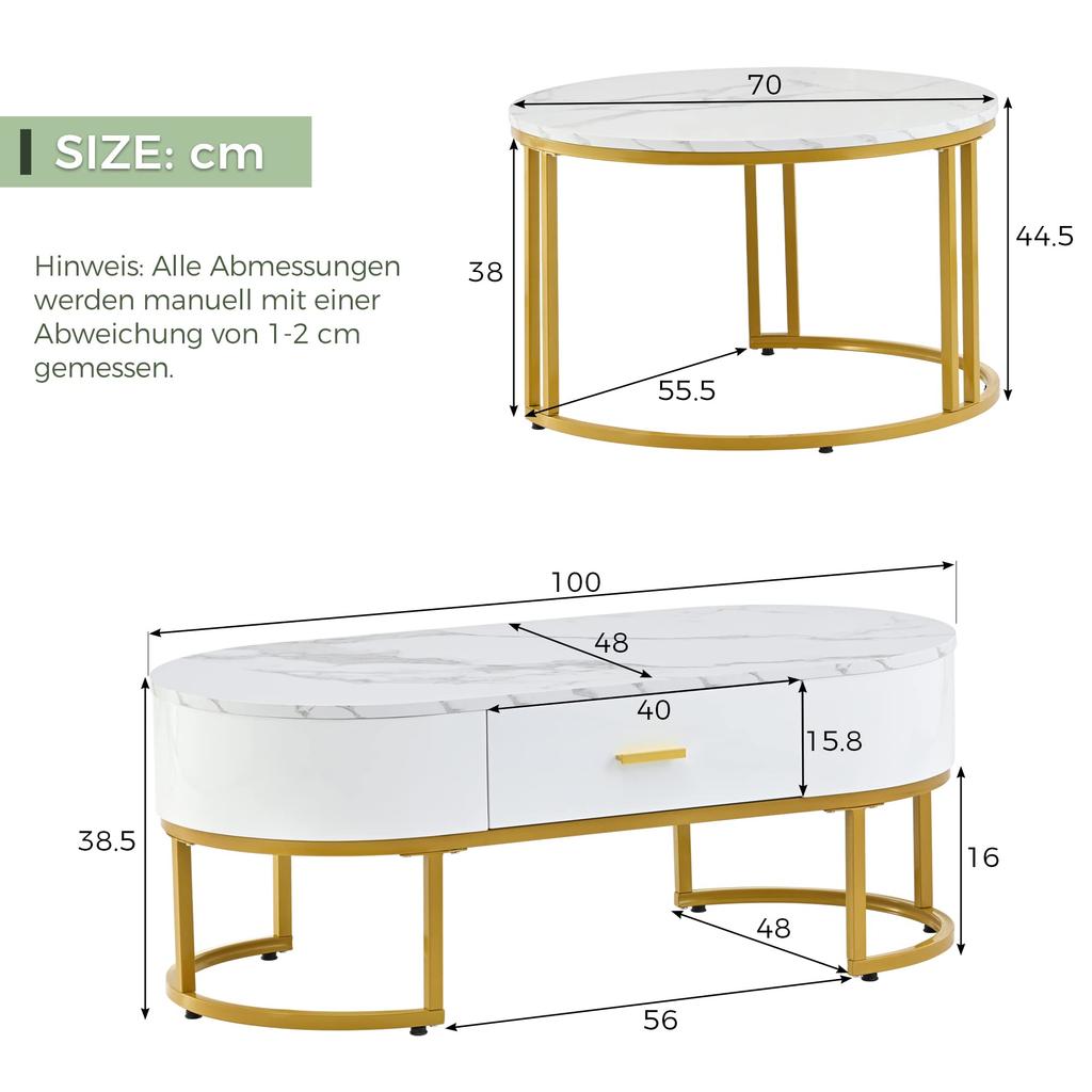 Couchtisch Rund 2er Set Satztische, Moderne Edle Nesting Kaffeetisch Oval Sofatisch Schubladen, Tischplatte Marmormuster, Balkon Büro, Weiß