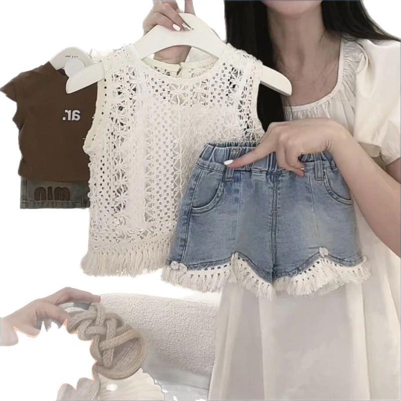 2024 Girls' Summer Korean-Style Two-Piece: Hollow Vest Top & Denim Shorts