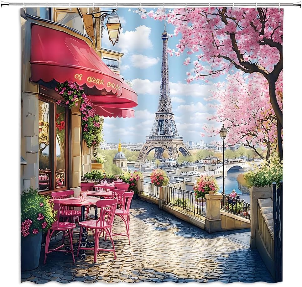 Paris European Shower Curtain Ancient Architecture Eiffel Tower French Romantic Cafe Nature Spring Floral Street Town City