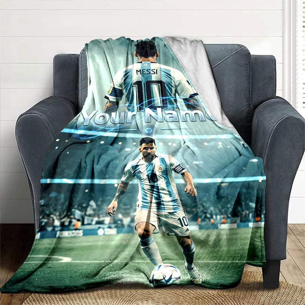 Football Messi Personalized Text Blanket Gift Customizable Blanket Soft Warm Cozy Throw For Picnics Nap Bed Sofa Ideal for All Seasons