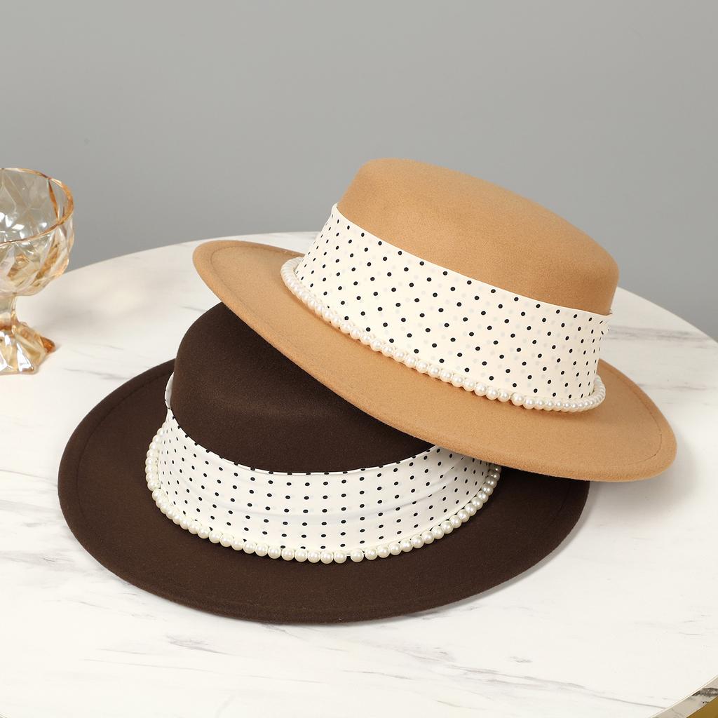 French Retro Autumn and Winter Socialite British Jazz Hat Hepburn Pearl Black Tweed Hat Female Elegant Fashion Felt Hat