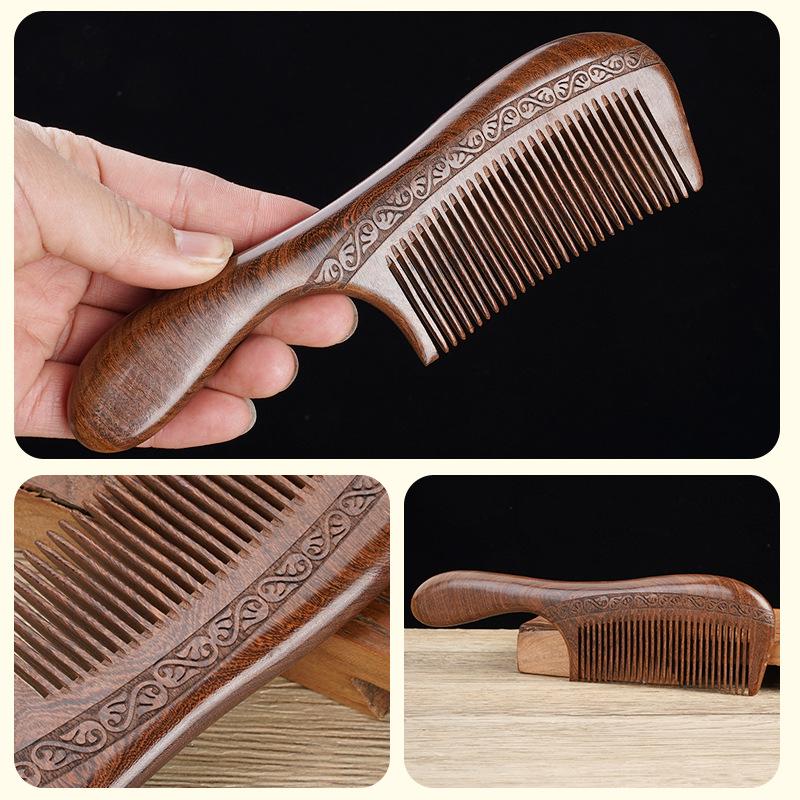 Natural Black Gold Double-Sided Sandalwood Comb: Carved Wooden Scalp Massager for Women's Long Hair - Ideal Mom Gift