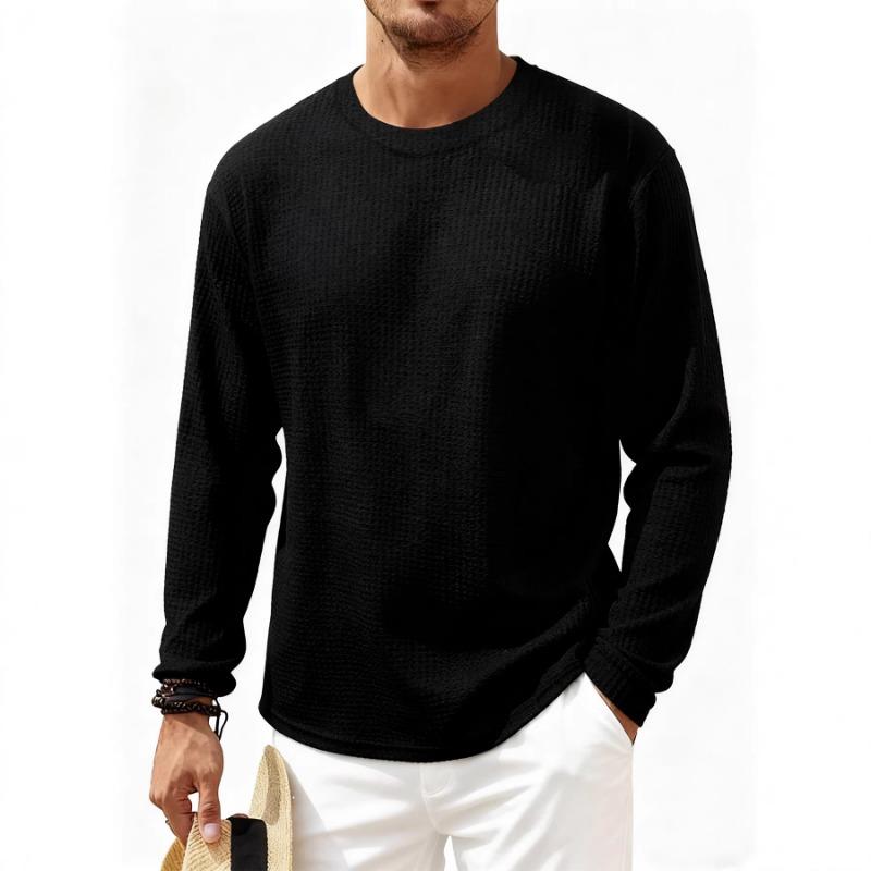 Men Waffle Knit Long Sleeve Crew Neck Casual T-Shirt