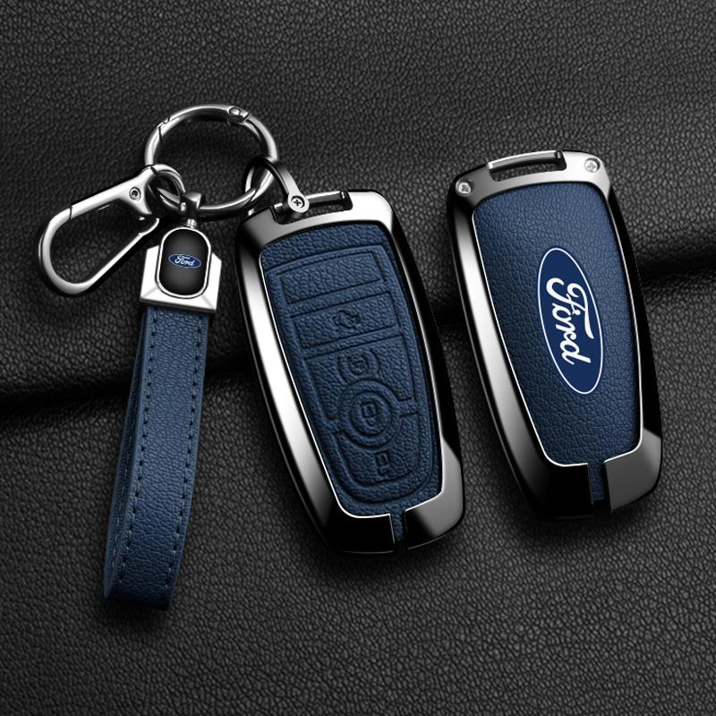 Metal Leather Car Smart Key Case Protect Shell For Ford Explorer Edge Escape Bronco F-150 Mustang Focus MK4 Kuga Taurus Sticker RM9