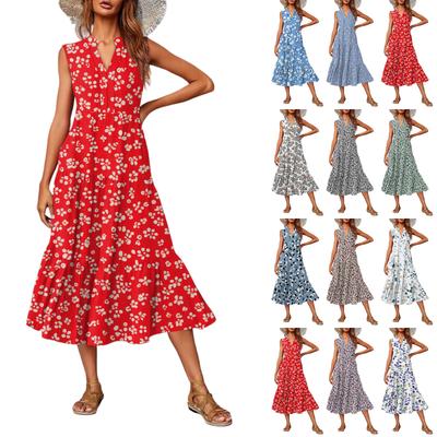 Lässiges und modisches ärmelloses Kleid mit V-Ausschnitt und mittellanger Bedruckung für Damen