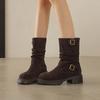 Krazing Pot Cow Suede Nubuck Winter Round Toe Western Boots Med Heels Slip On Metal Buckles Women Mid-calf Boots