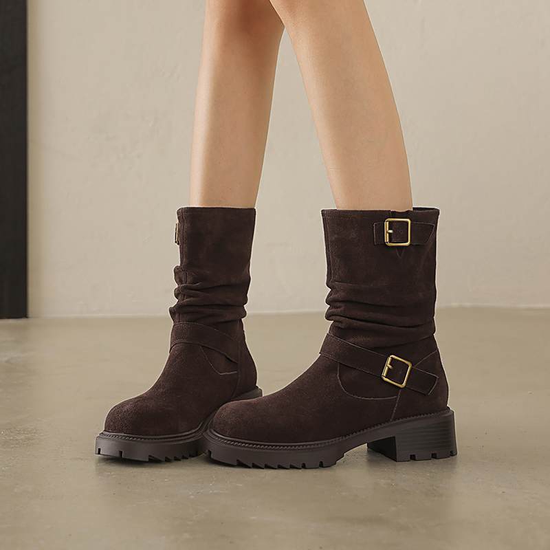 Krazing Pot Cow Suede Nubuck Winter Round Toe Western Boots Med Heels Slip On Metal Buckles Women Mid-calf Boots