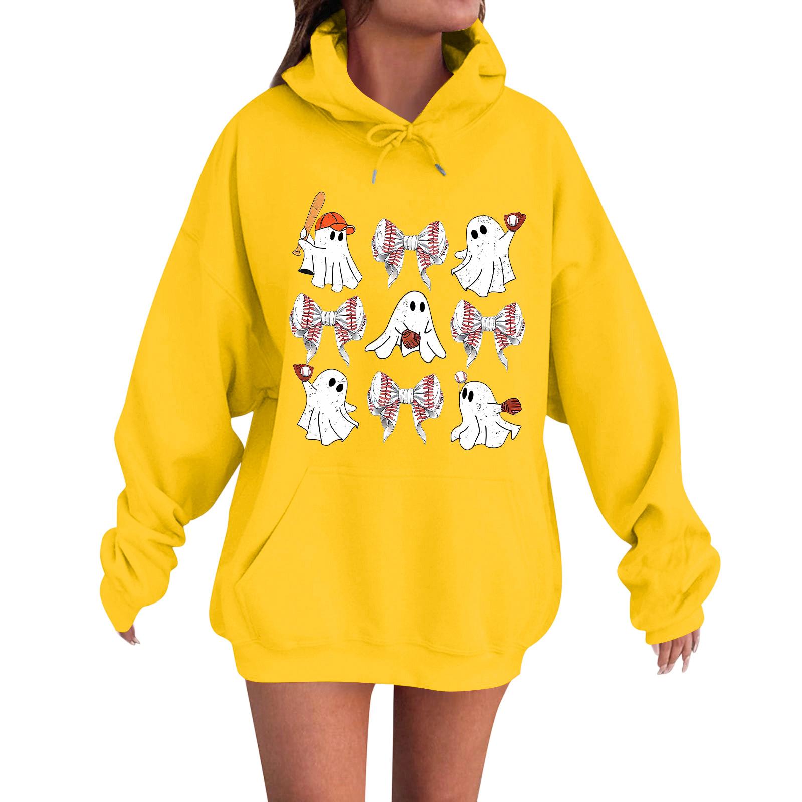 

Женская повседневная модная удобная толстовка с круглым вырезом, капюшоном и длинными рукавами с принтом на Хэллоуин, теплая XL