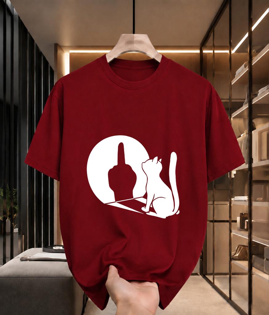 2026 New Cotton Tshirt Funny Cat Middle Finger Shadow Print Casual Fashion Short Sleeve Tee