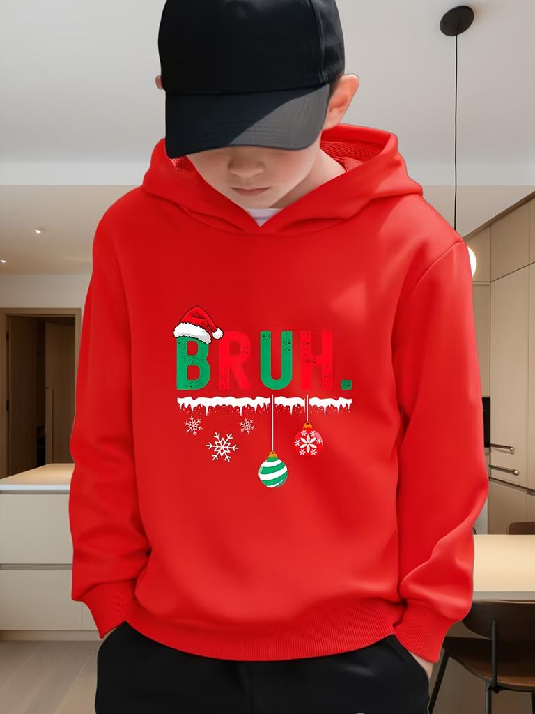 Herbst/Winter Weihnachtspullover mit Kapuze für Jungen und Mädchen, mit BRUH-Aufschrift und Weihnachtsschneeflocken-Print