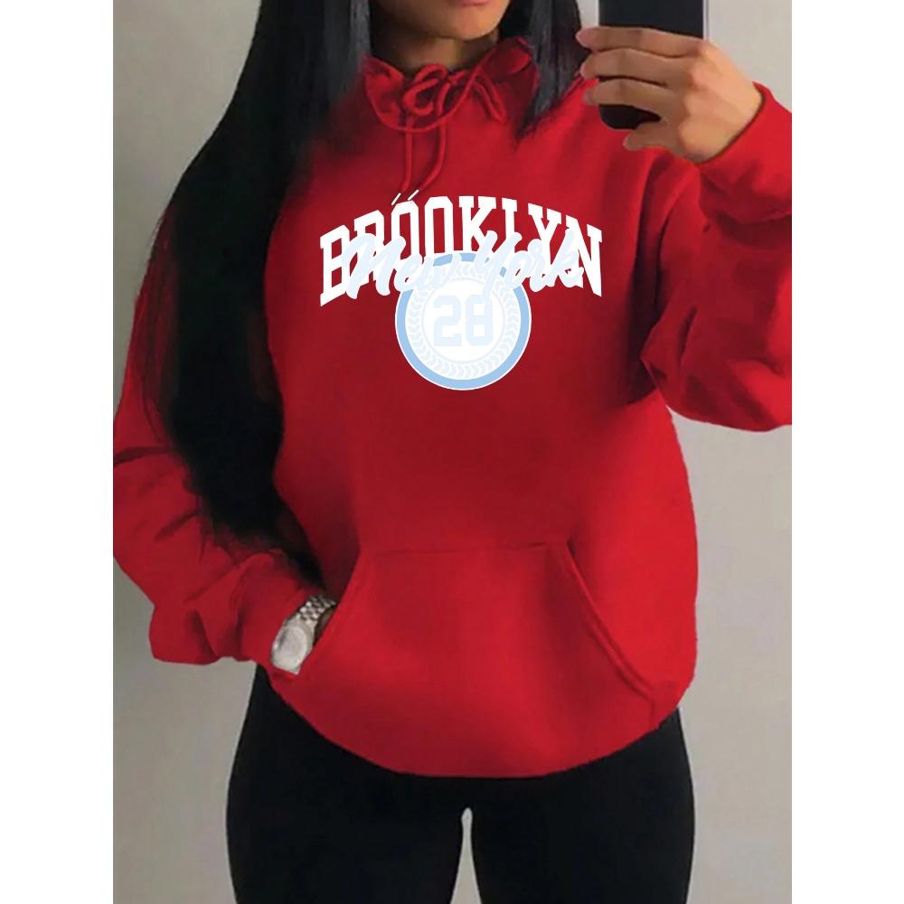 Brooklyn New York Art Letter Number 28 Design Women Hoody Autumn Casual Loose Hoodie Fleece Pocket Streetwear