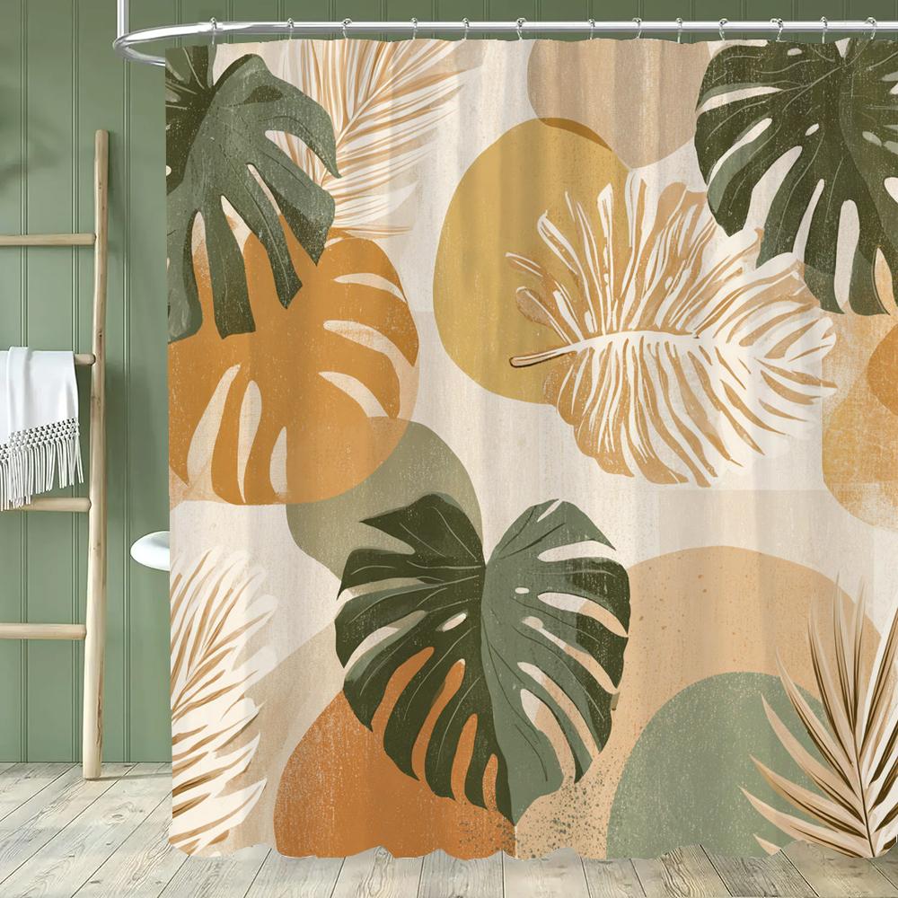 Smaragdgrüner Blatt-Duschvorhang, Moderner Abstrakter Palmenblatt-Tropischer Monstera-Badezimmervorhang Heimdekoration Mit Haken