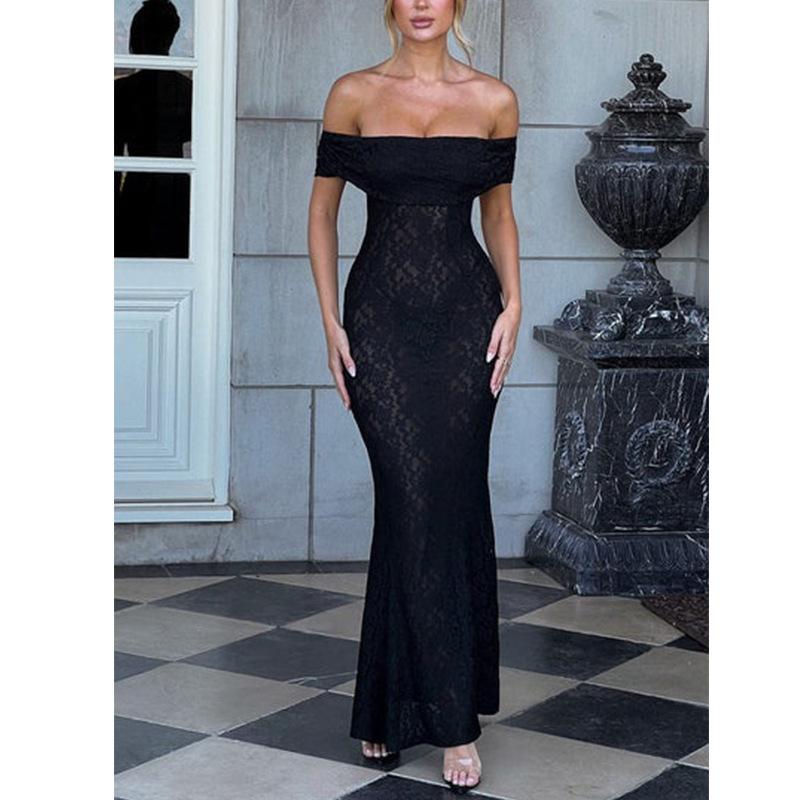 Spot Damenmode sexy Spice Girl Stil Bustier langes Kleid One-Shoulder Hüftrock Spitzen-Rückenfreies Kleid