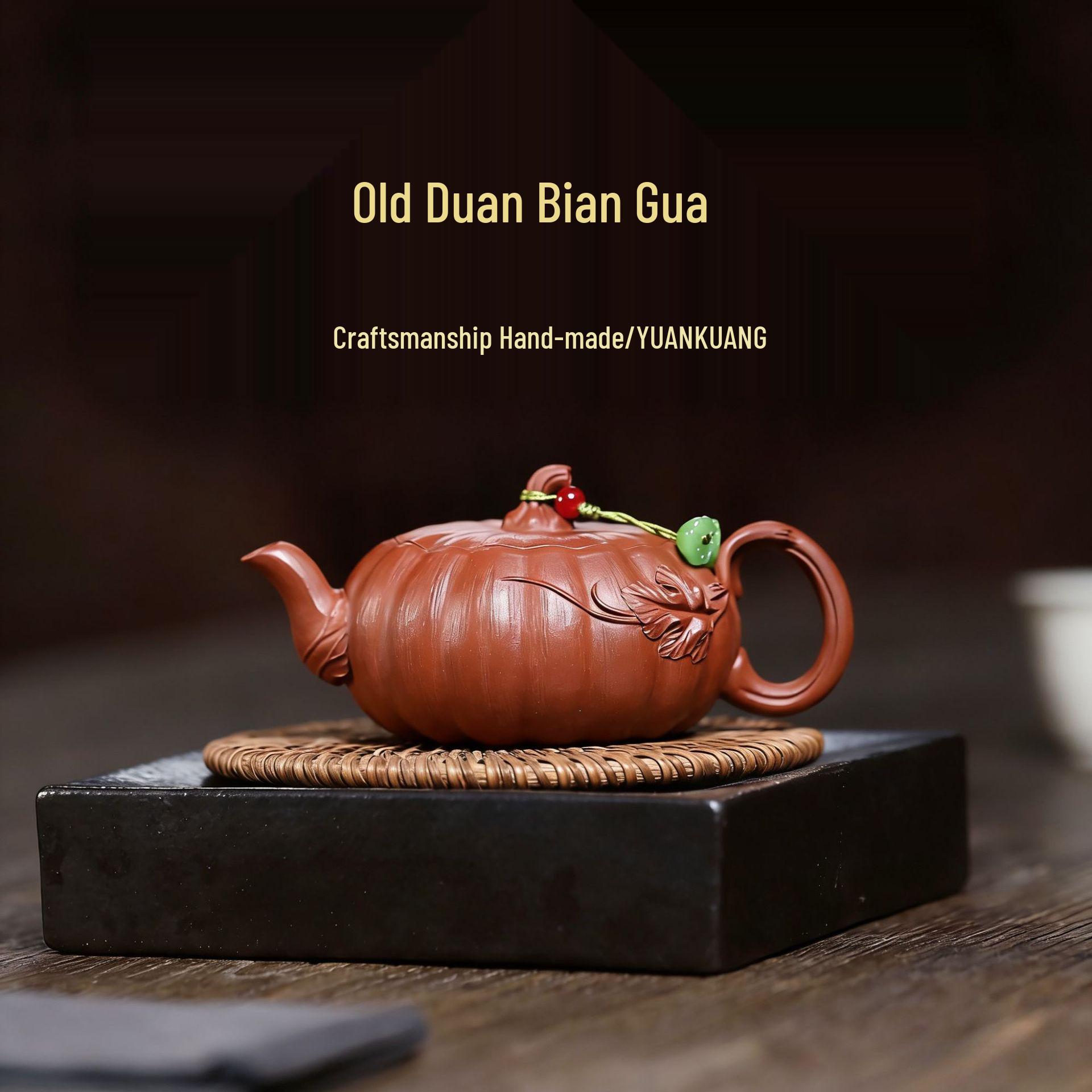 Yixing Zisha Teapot: Handmade Duan Clay Flat Gourd Pumpkin Tea Set by Renowned Artist 150CC