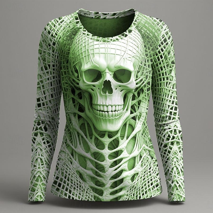 Women's Vintage Skeleton Print Long Sleeve, Gothic Graphic Round Neck Tops, Alternative Fashion Style, Spring Fall Casual Wear
