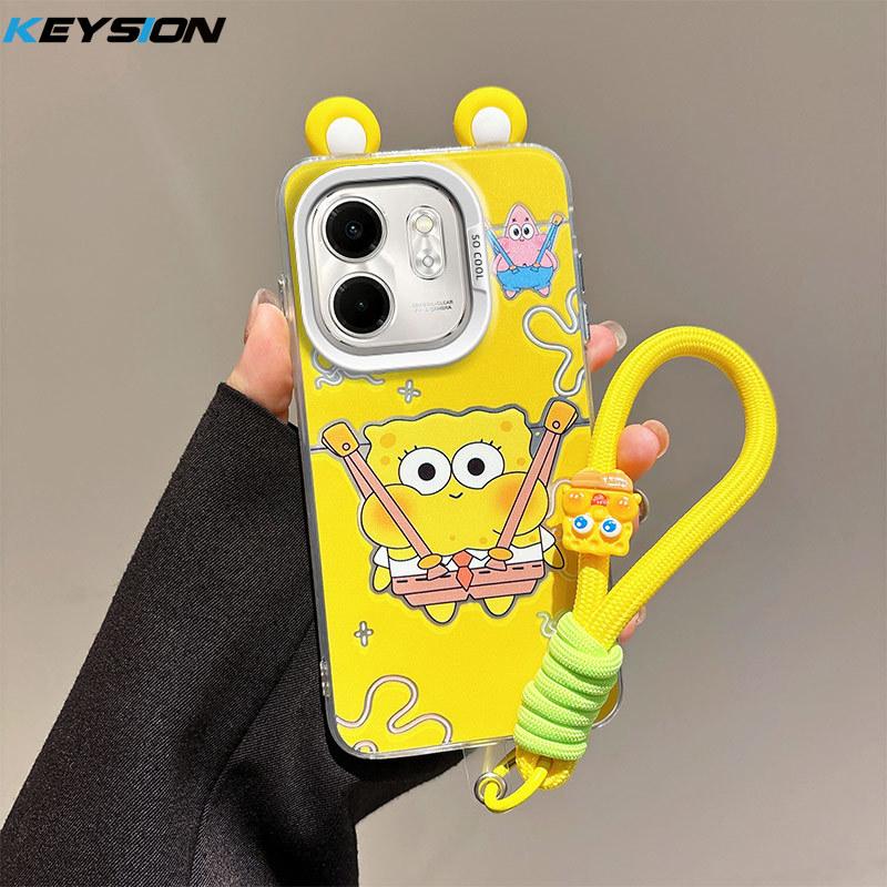 KEYSION Cute Ear Cartoon Case for Infinix Hot 50i with Lanyard Soft Silicone+PC Shockproof Phone Back Cover for Infinix Smart 9