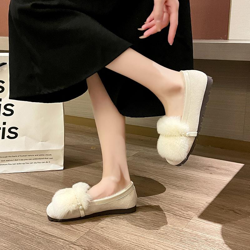 fashion New Women's Pumps Slip-on Platform Shoes for Women Round Toe Shallow Loafers Outdoor Luxury Furry String Bead Solid Color Shoes