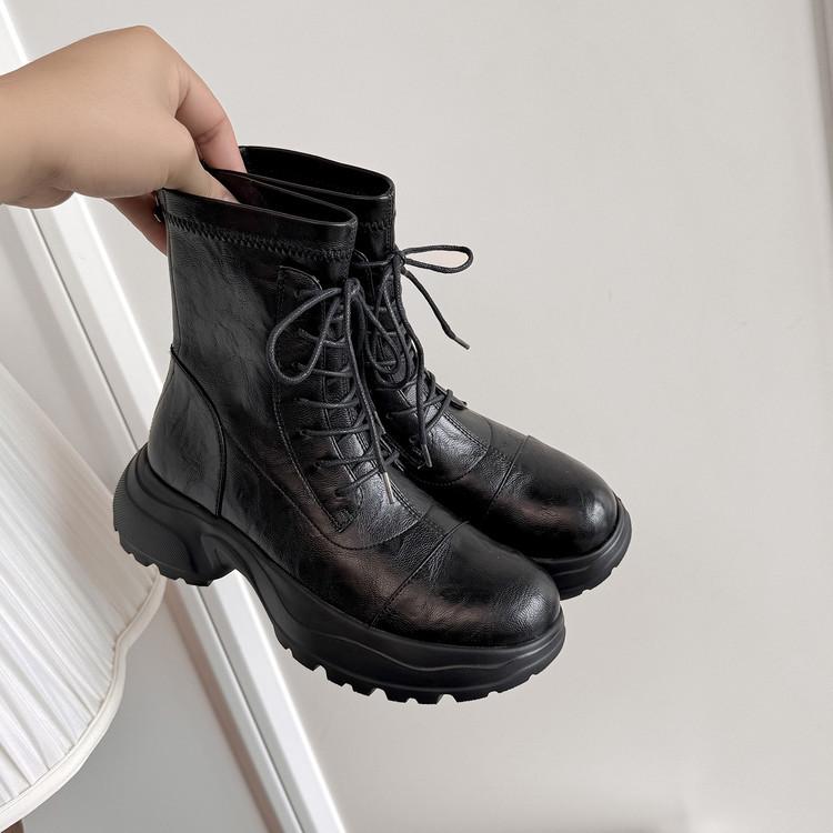 Round Head Thick-soled Thick-heeled Martin Boots Women's 2025 New Autumn and Winter Velvet Soft Leather Muffin Bottom Rear Zipper Elastic Short Boots