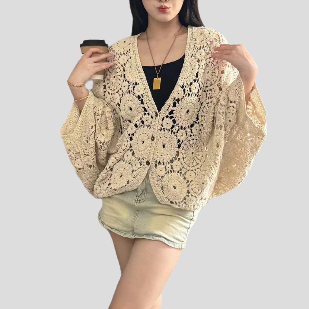 Bohemian Women's Crochet Hollow-out Knitted Cardigan Top Loose Batwing Short-sleeve Cardigan