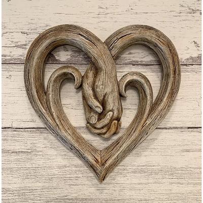 Decorazione Murale Cuore che Tiene le Mani Scultura Artistica Decorativa - Finitura Legno Finto - Amore Eterno