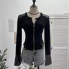 Herbst PU-Leder Patchwork Langarm Reißverschluss Strickjacke Fleece Oberteil 2797