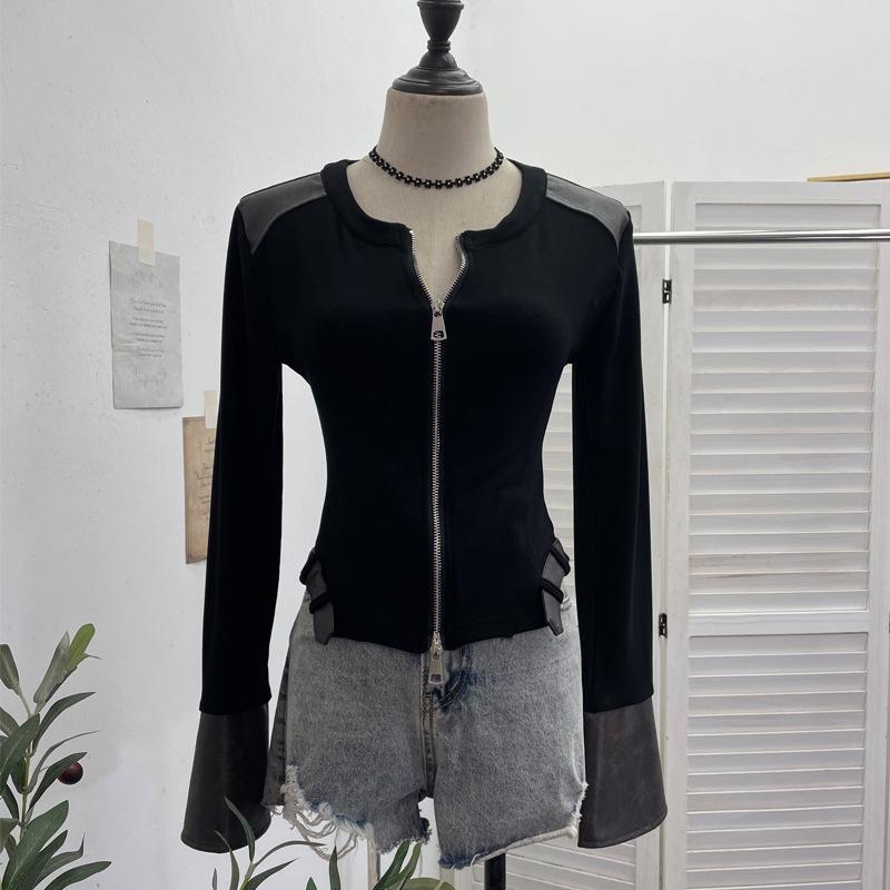 Herbst PU-Leder Patchwork Langarm Reißverschluss Strickjacke Fleece Oberteil 2797