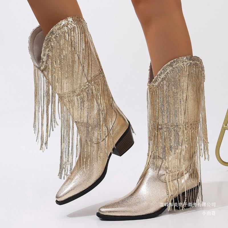 European and American Fashion Medium Tube Fashion Boots Women's Large Size Retro Thick Heel Pleated Foot Sleeve V Mouth Western Knight