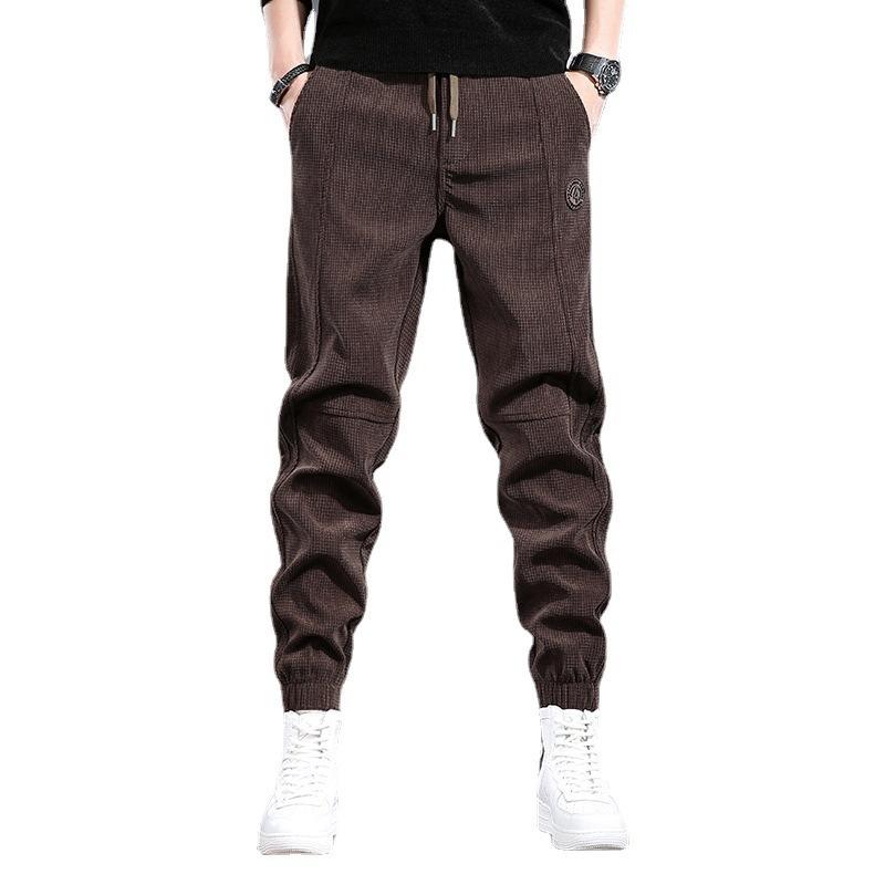 Brown casual pants men's trendy brand loose leggings spring and autumn new plaid corduroy pants men's velvet