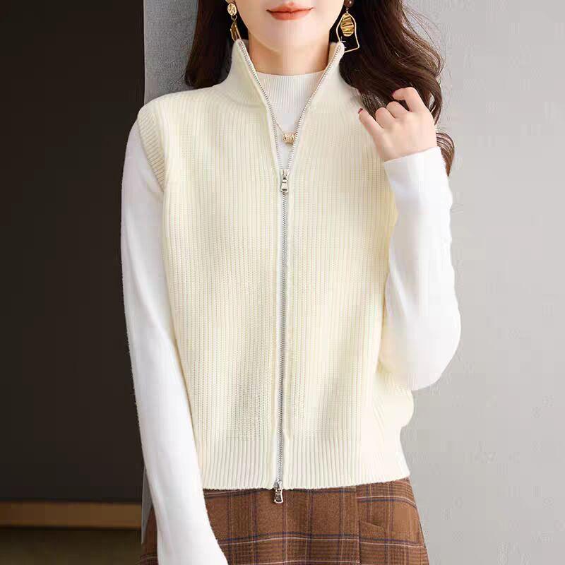 DIMANAF 2025 Autumn Winter Women Sweaters Vest Tops Knitted Basic Sleeveless Zipper Outerwear