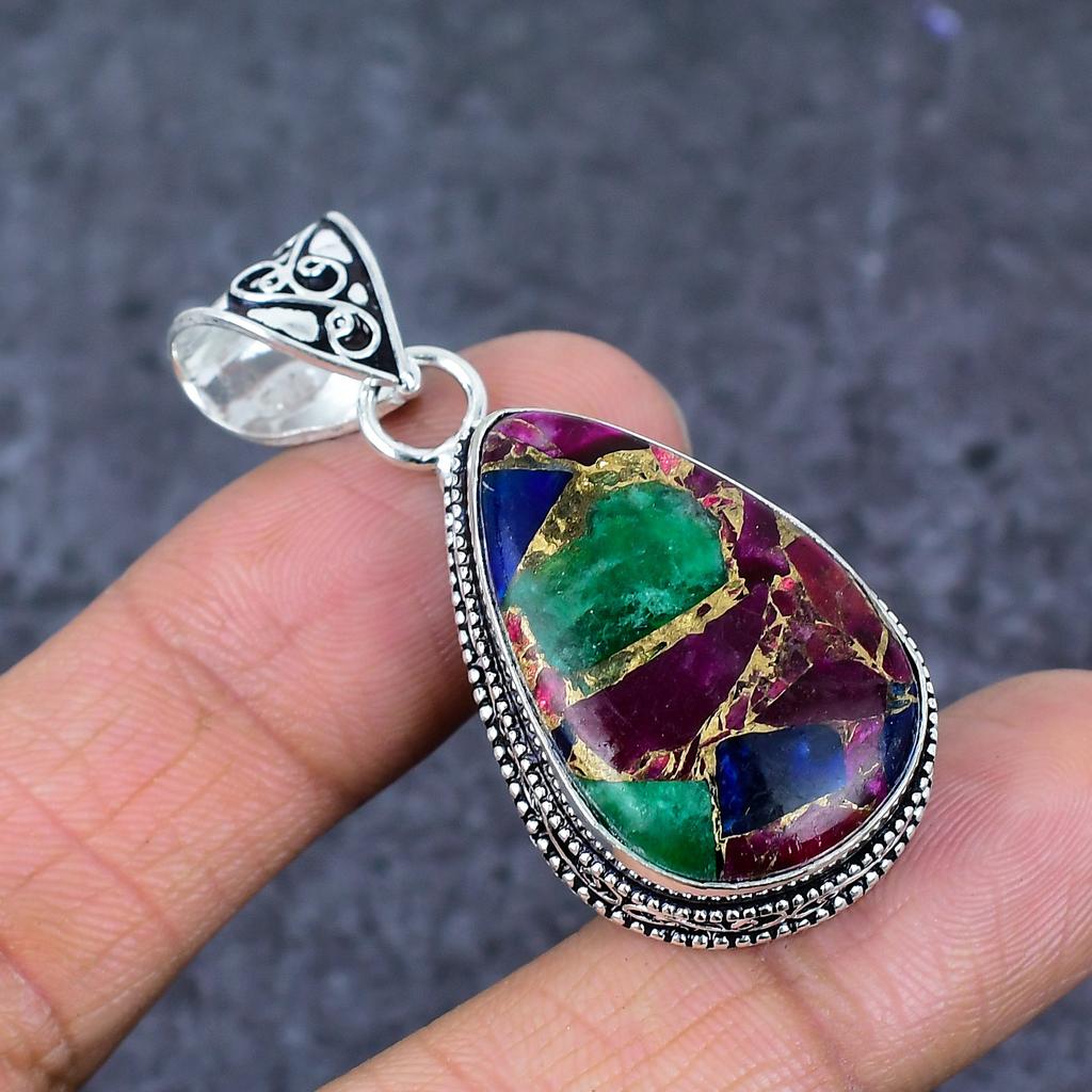 Natural Copper Ruby Zosite 925 Sterling Silver Jewelry Pendant 2.05" ET-4794