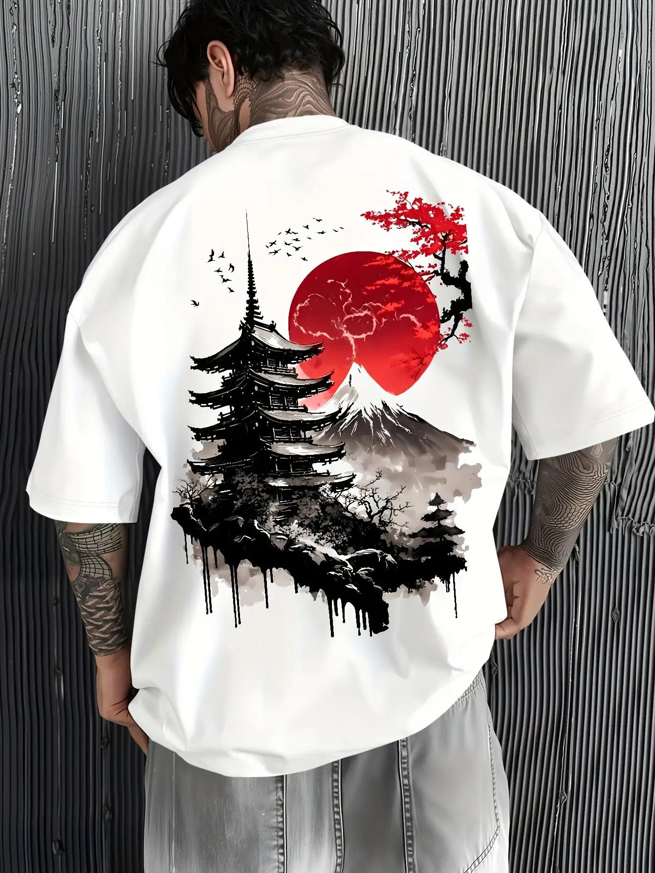 Men Japanese Mount Fuji & Red Torii Print T-Shirt - Short Sleeve Casual Round Neck Tee with Fujiyama Landscape XS