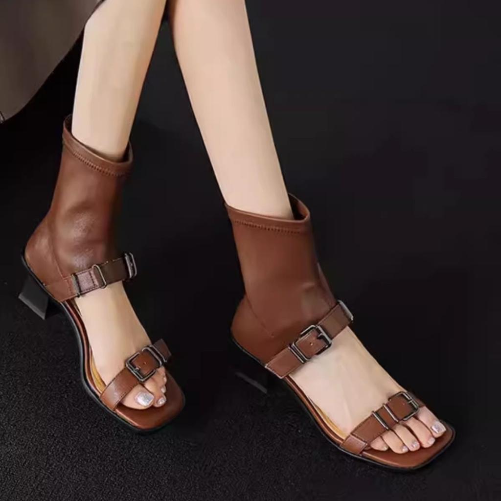 2025 new Internet celebrity belt buckle thick heel open-toed high-top sandals women's summer square head rear zipper Roman cool boots