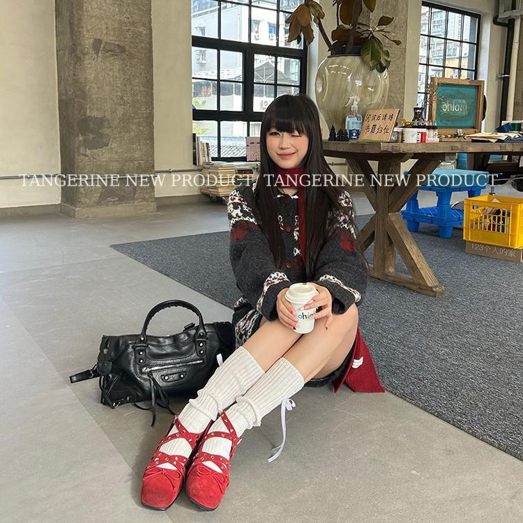 Retro small fragrant style red bow Mary Jane single shoes women's spring and summer new rivet buckle with ballet flats