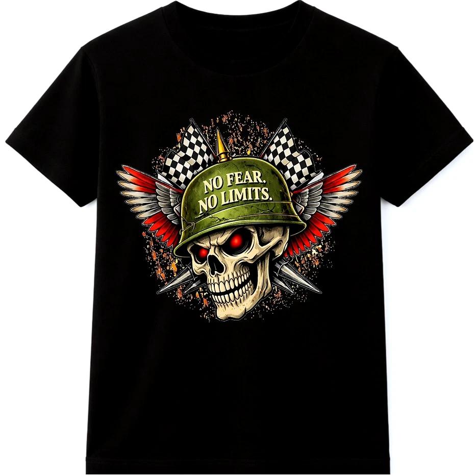 Skull Biker T Shirt No Fear No Limits Winged Helmet Racing Flags Graphic Tee M