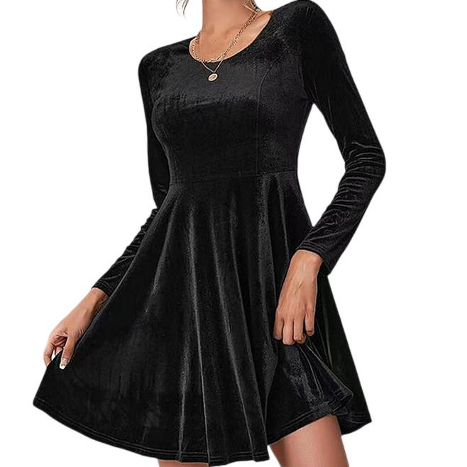 Women's Fashionable And Elegant Long-sleeved Round Neck Velvet Dress