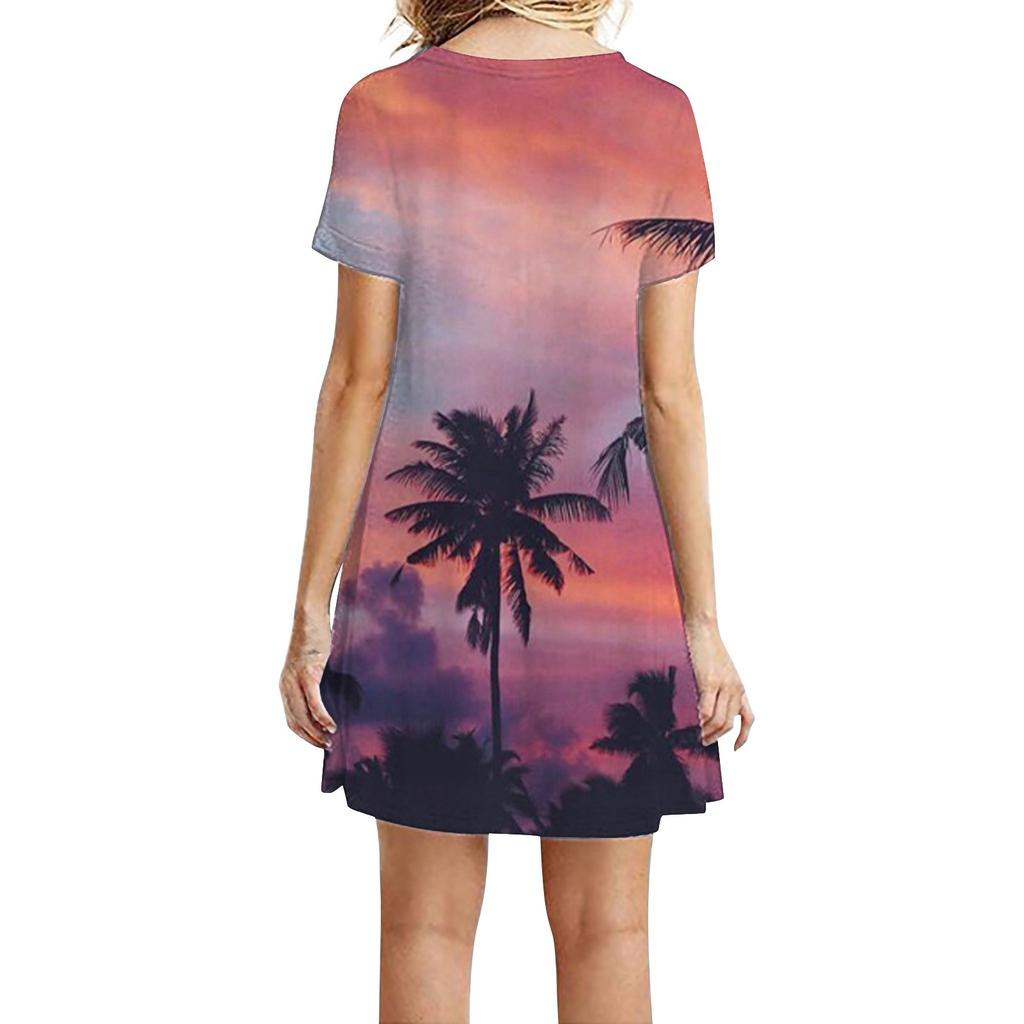 Summer Beach Dresses For Women Round Neck Printed Short Sleeve Dress