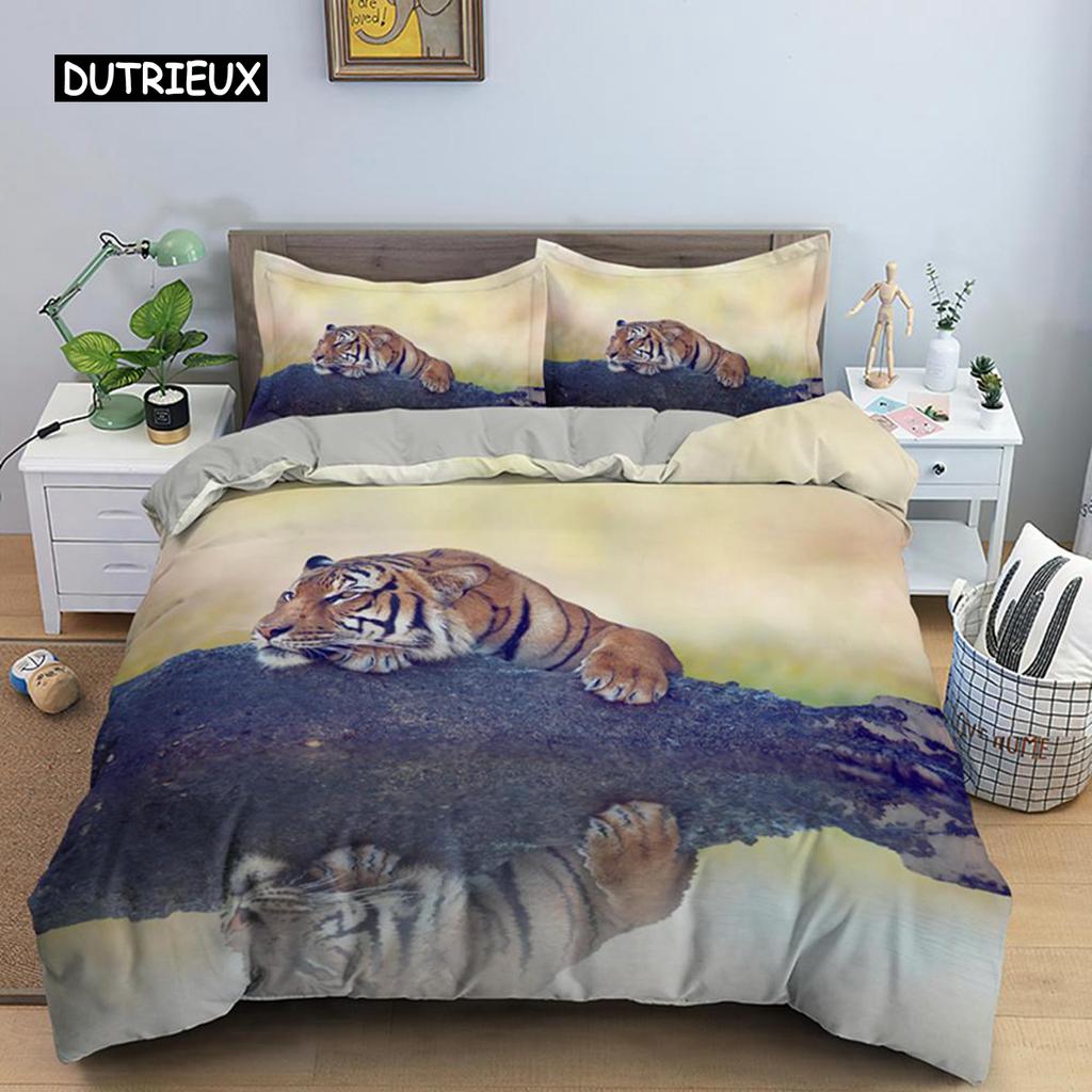 Tiger Duvet Cover Set King Size Wild Theme Bedding Set Animal Pattern Comforter Cover Animal Theme Sunset Polyester Quilt Cover