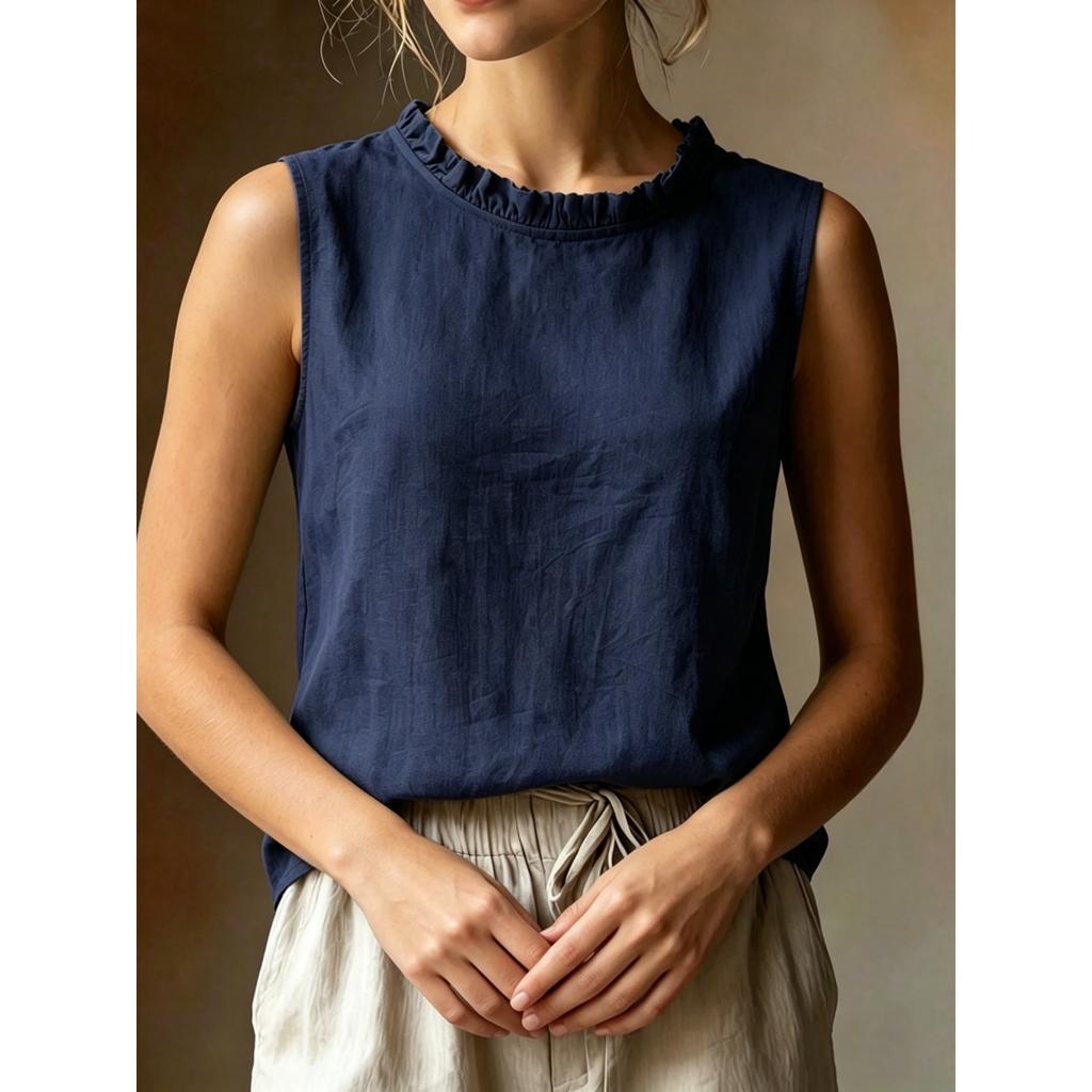 Women's Loose Slimming Round Neck Sleeveless Blouse Casual Solid Fashion Summer Top