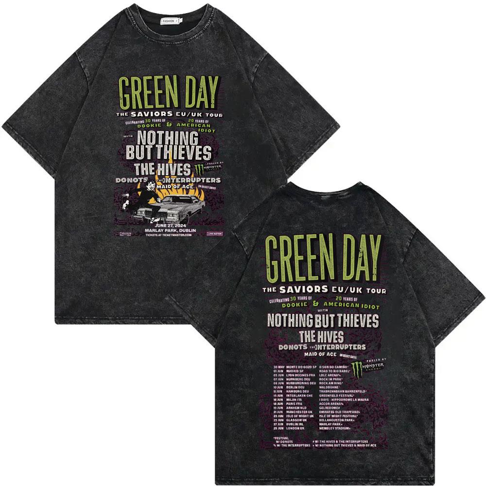 Rock Band Green Day Tour 2025 Merch T Shirt Fashion Rock Vintage Washed Tshirt Men Women Clothing Casual Short Sleeve Tshirts