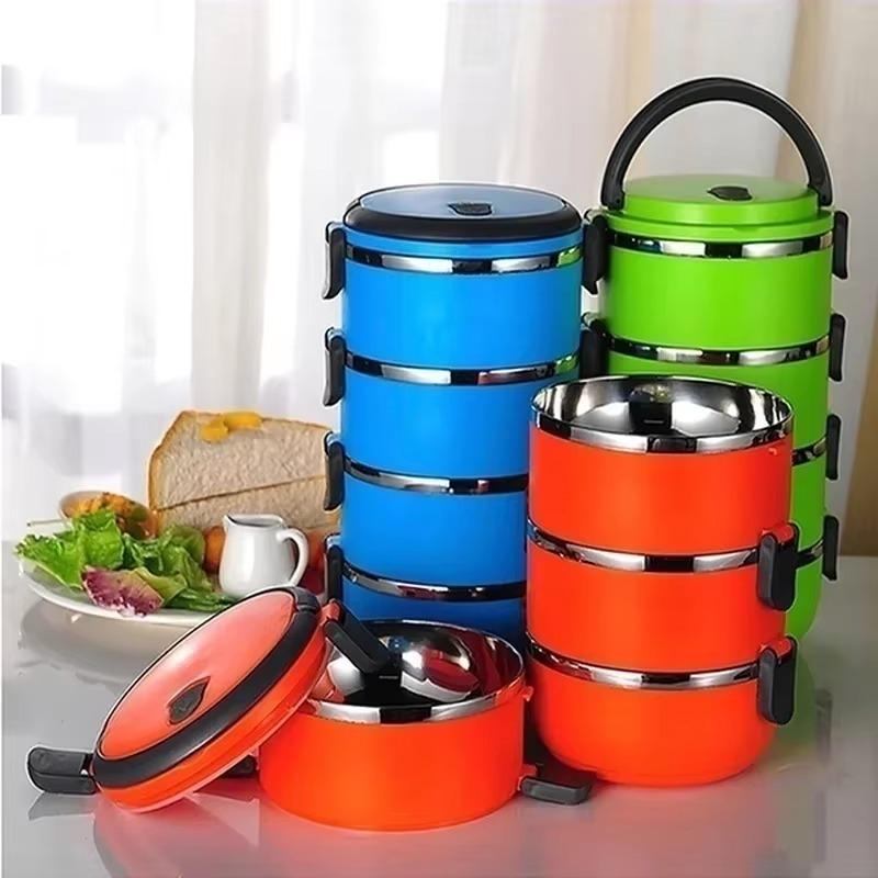 Stainless Steel Multi-layer Insulated Lunch Box Circular Sealed Lunch Box Student Office Workers Portable Handheld Bento Boxs