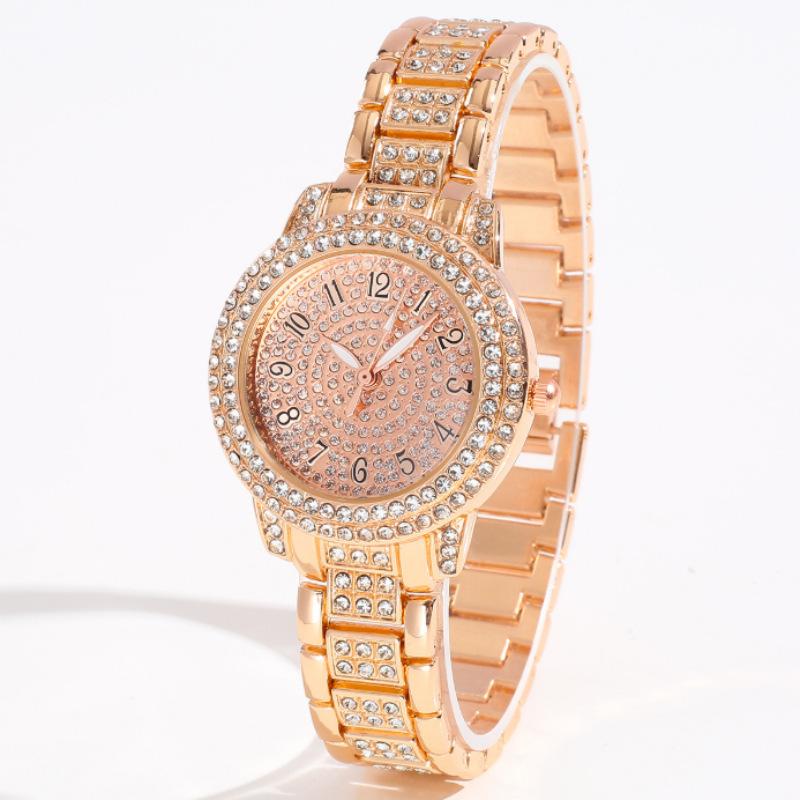 Ladies' New 5Pcsset Niche Rhinestone Steel Belt Watch Stud Earrings Necklace Bracelet Ring Set Quartz Women'S Watch