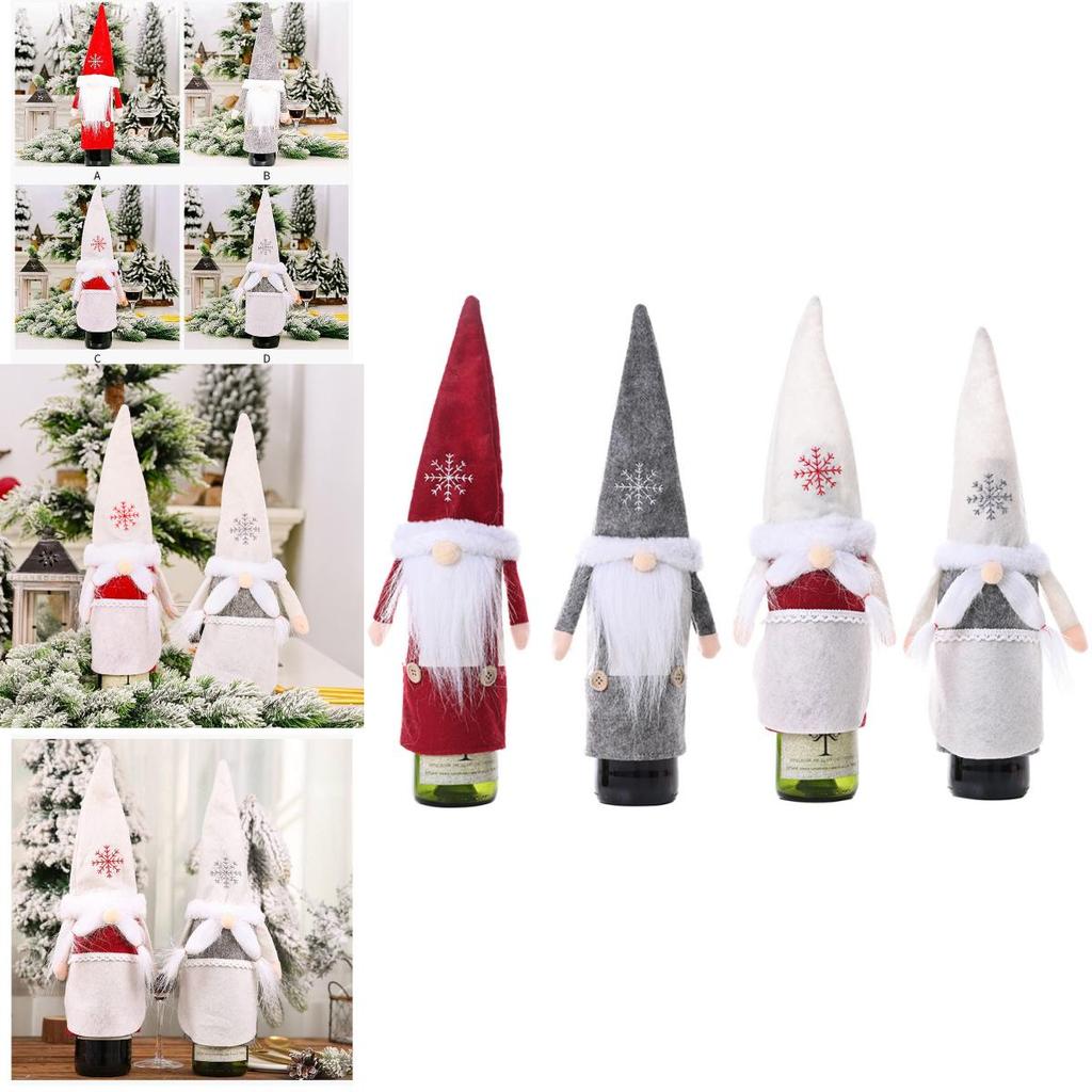 Festive Christmas Wine Bottle Covers Featuring Charming No-face Old Man Design In Red And Gray