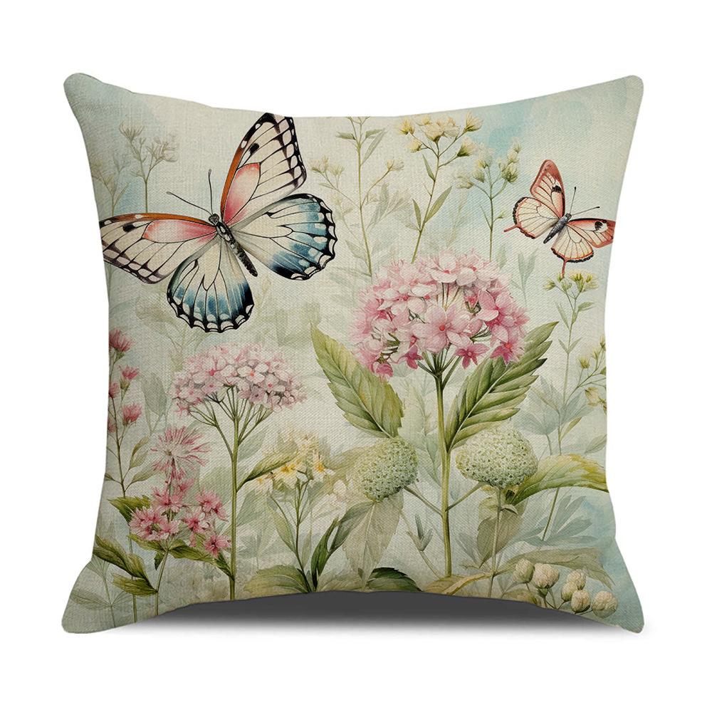 Новые Весенние Цветы Наволочка с Бабочками Скандинавский Стиль Льняная Наволочка Подушка для Дивана Наволочка 45 * 45Cm (excluding pillow core)