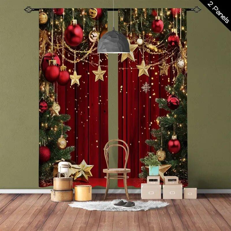 Christmas Pine Tree Printed Curtains Pole Bag Home Decoration Room Curtain Set Of 2 Made Polyester Washable