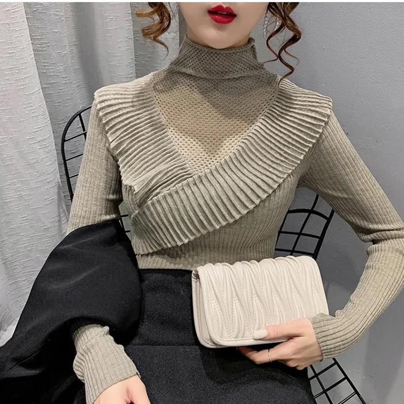 Potargany sweter z półgolfem damski jesienno-zimowa odzież koronkowy styl samo-uprawa Hollow dzianina najniższa koszula Top