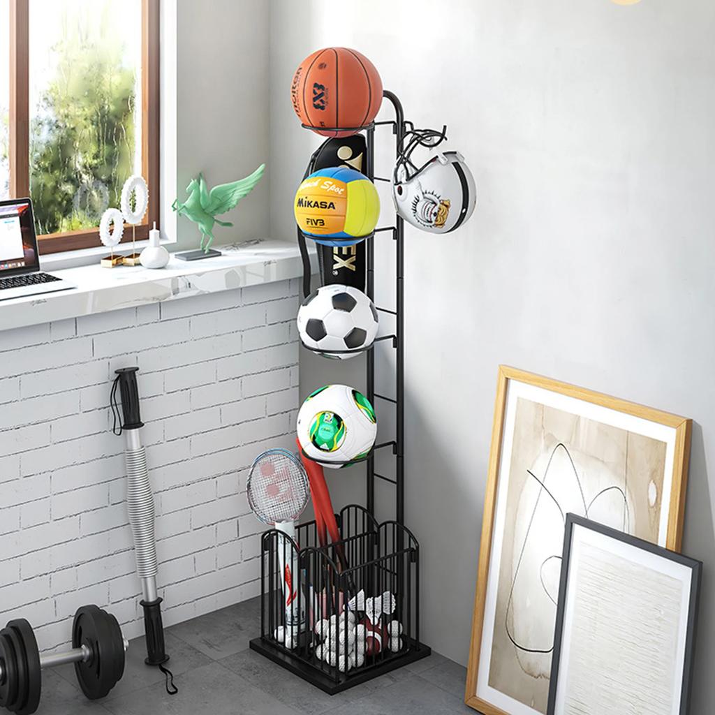 Iron Sports Ball Storage Rack, Black Modern Ball Holder Stand with 4 Basket Organizer, Free Standing Basketball Soccer Ball Cage