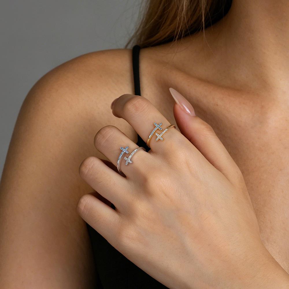 Elegant Cross Rhinestone Sterling Silver Open Ring - Versatile Luxury Jewelry