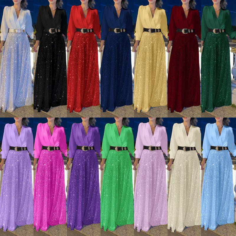 

2025shirt Temperament Elegant Slimming Sequin Wide Leg Pants Dark purple belt style M